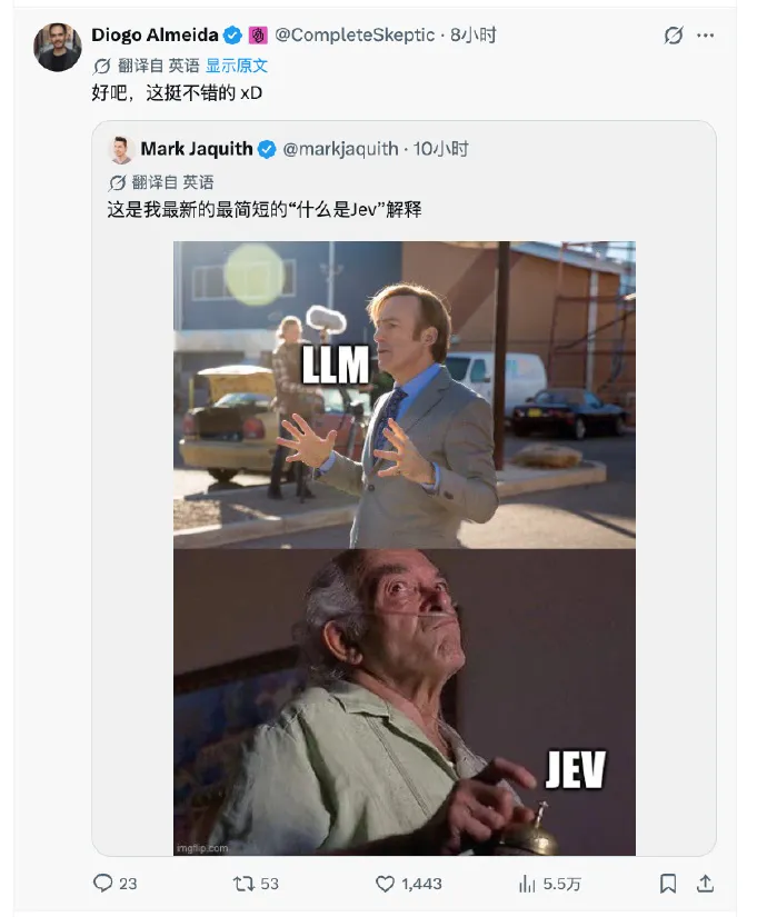 用长篇表达与按铃选择对比 LLM 和 Jev 的 meme
