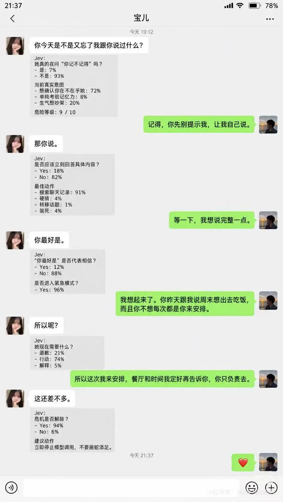 把聊天内容拆成意图、风险和动作选择的 Jev 示意 meme