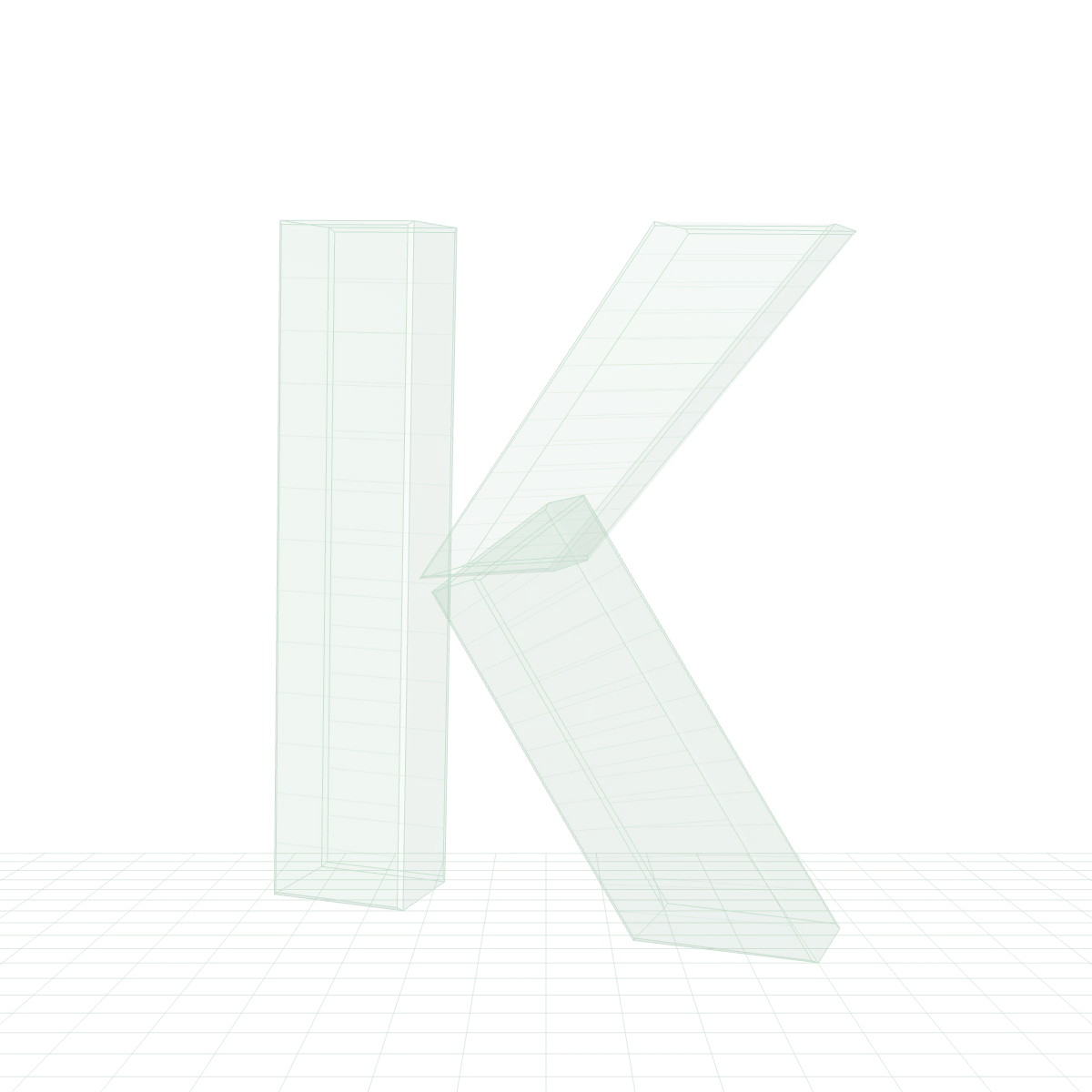 绿色线框 K 雕塑,置于技术制图网格上