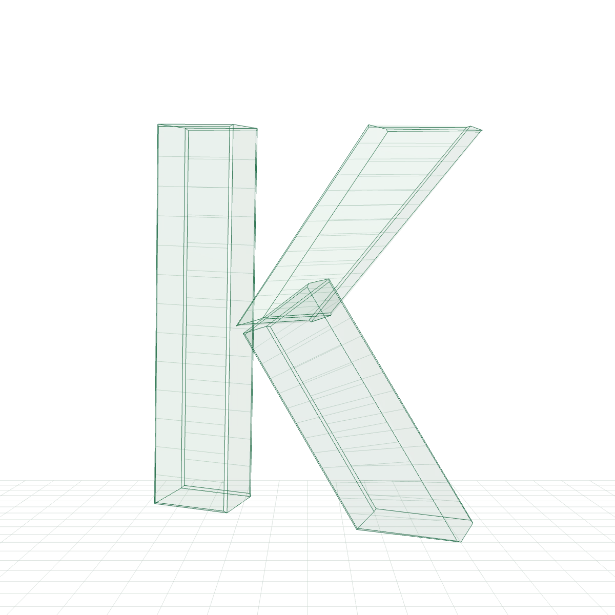 绿色线框 K 雕塑,置于技术制图网格上