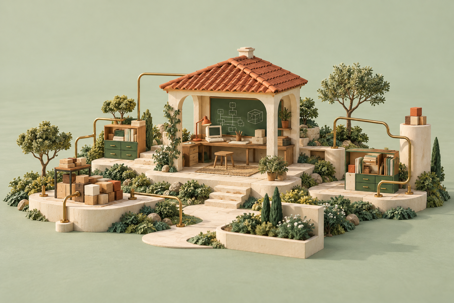 微缩造物工作台:瓦顶小屋里的电脑、黑板与工具柜,由铜管和小径相连。